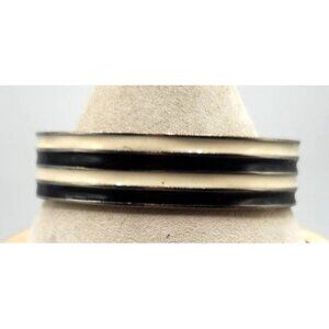 Vintage Ivory Colored & Black Enamel Striped Hinged Bangle Bracelet 7”